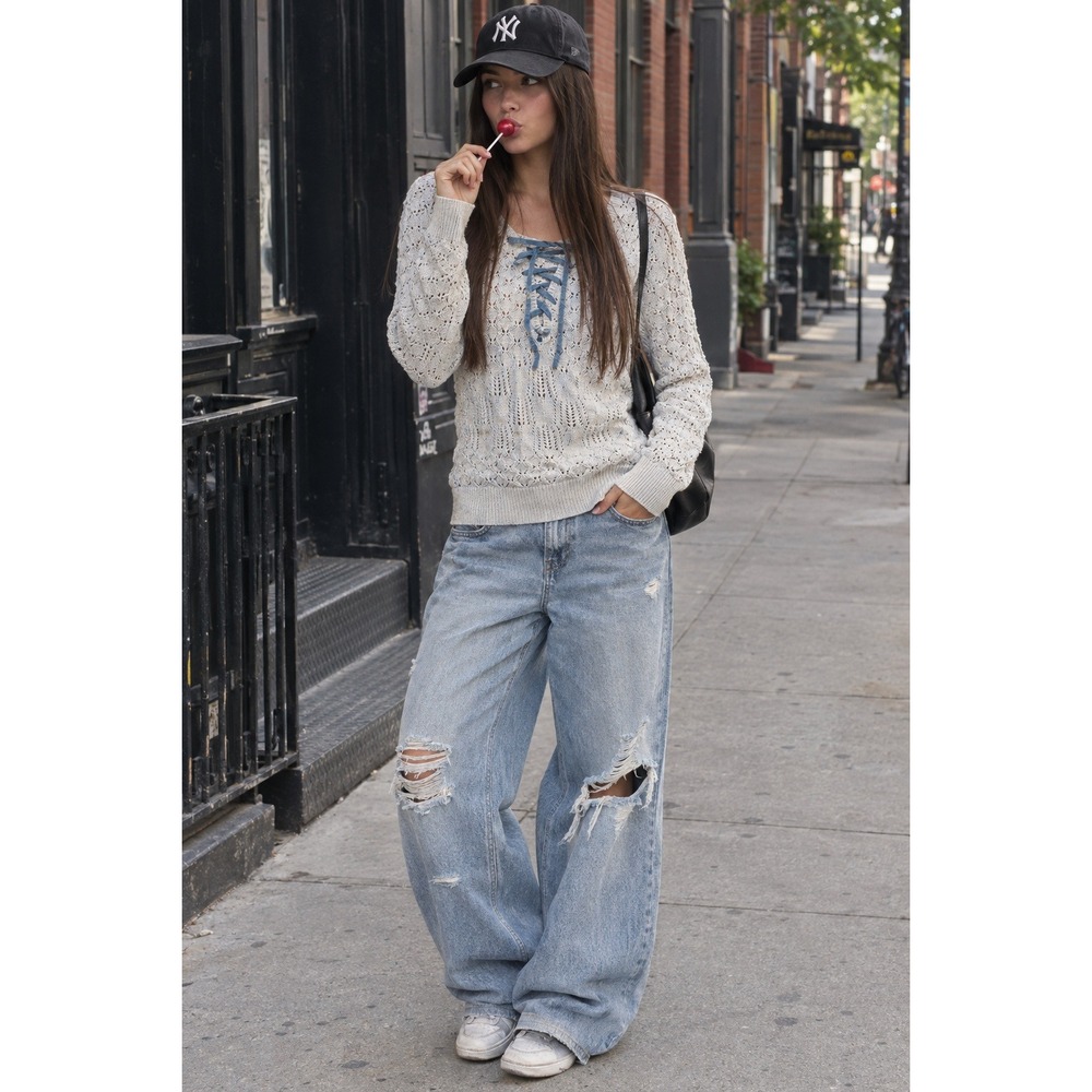 Faded Glory Vintage Y2K Sweater Women's M Cream Lace Up Front Grunge Fairycore - Picture 1 of 9